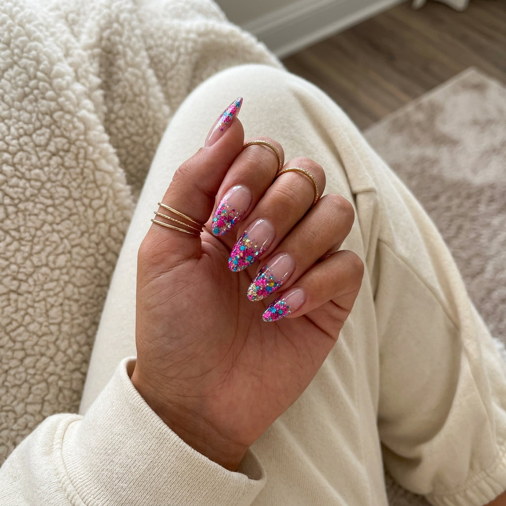 Cute summer nails 2026: Fun multicolor glitter French tips on short squoval nails for festivals.