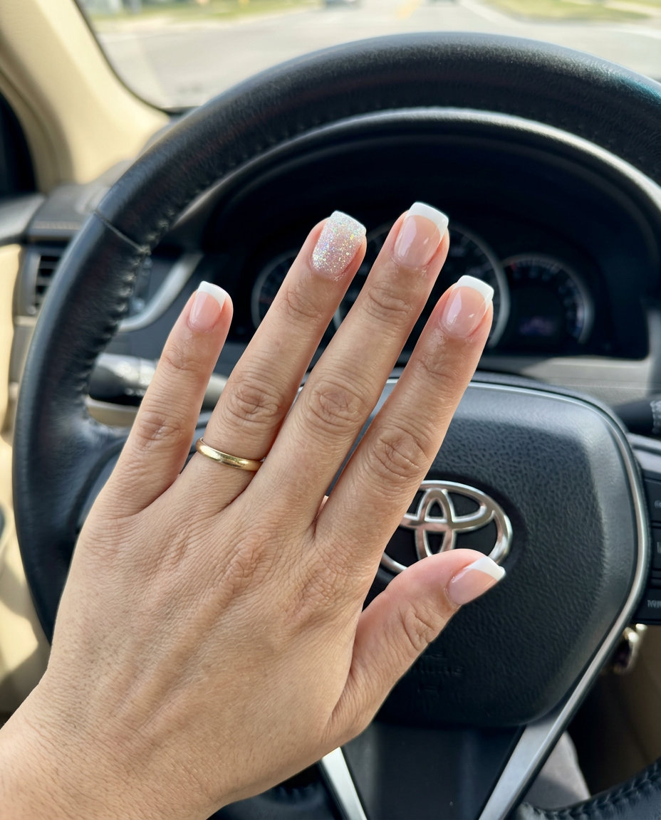 Cute summer nails 2026: Chic white French tips with iridescent glitter accent on natural base.