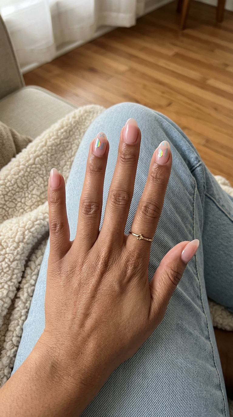 Cute summer nails 2026: Dreamy holographic butterfly decals on sheer pink almond nails for vacation.