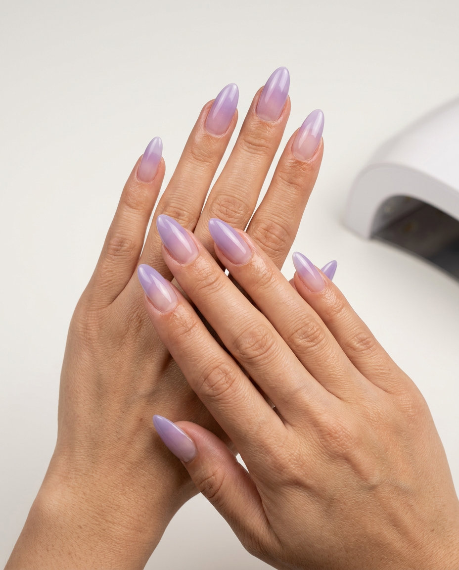 Lavender jelly ombre nails for date nights and wedding guests. Cute summer nails 2026.