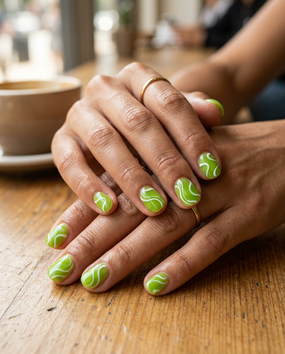 Lime green jelly swirls nails for summer vacation and festivals. Cute summer nails 2026.