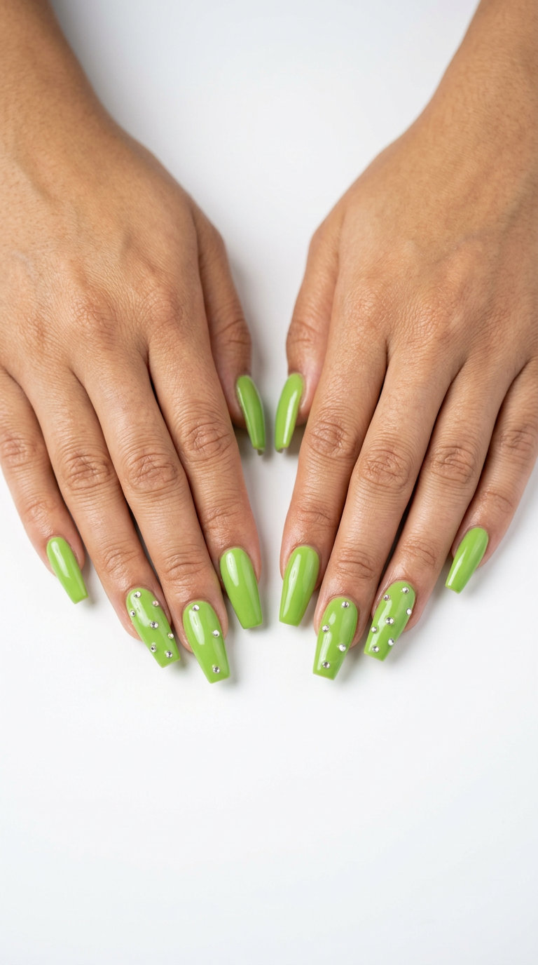 Cute summer nails 2026: Vibrant lime green coffin nails with scattered clear rhinestones for festivals.