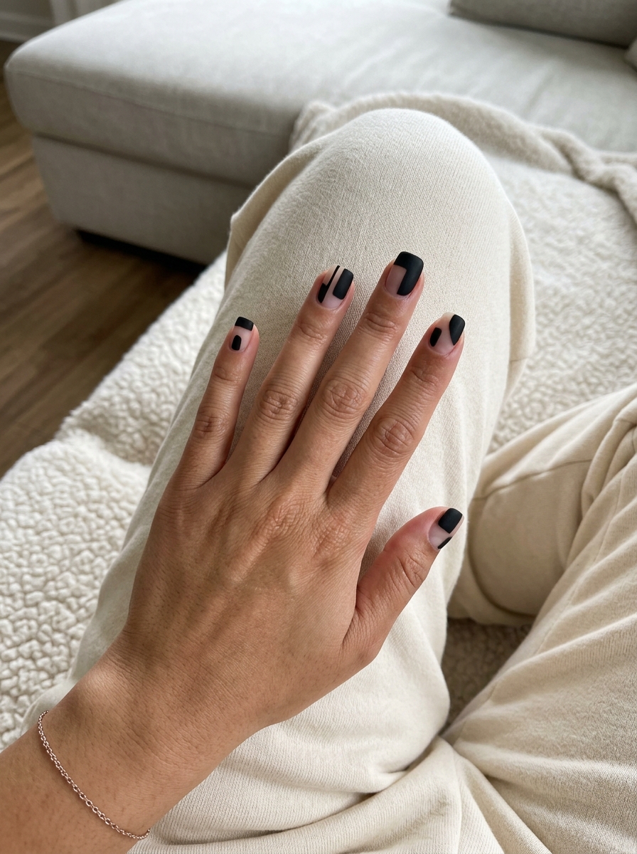 Matte black negative space nails for edgy chic and night outs. Cute summer nails 2026.