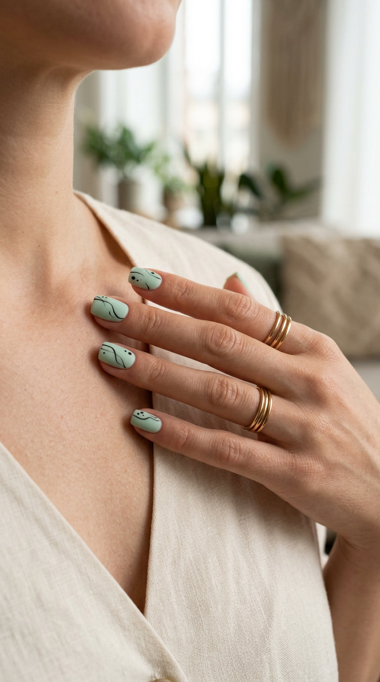 Cute summer nails 2026: Modern mint green with abstract black lines and matte finish on short nails.