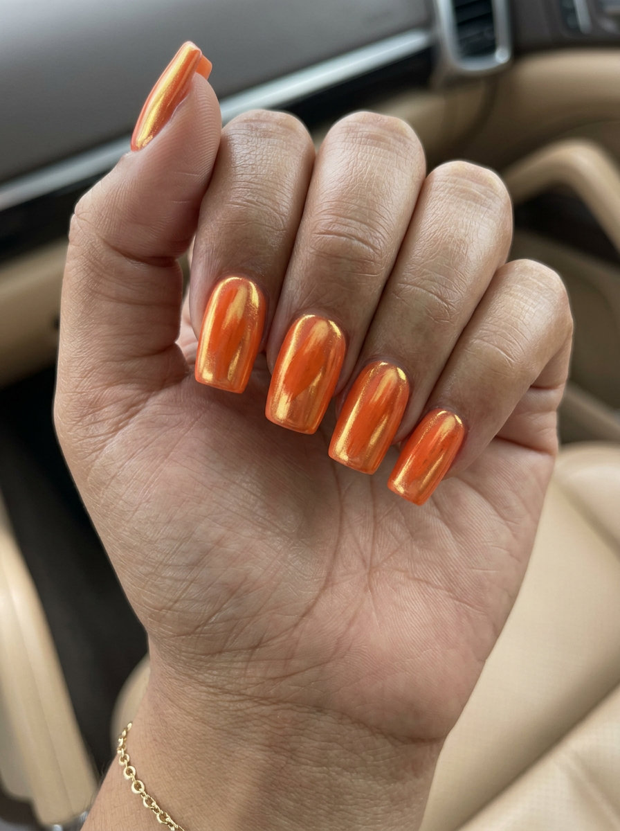 Cute summer nails 2026: Edgy peach fuzz chrome abstract design on long almond nails for parties.