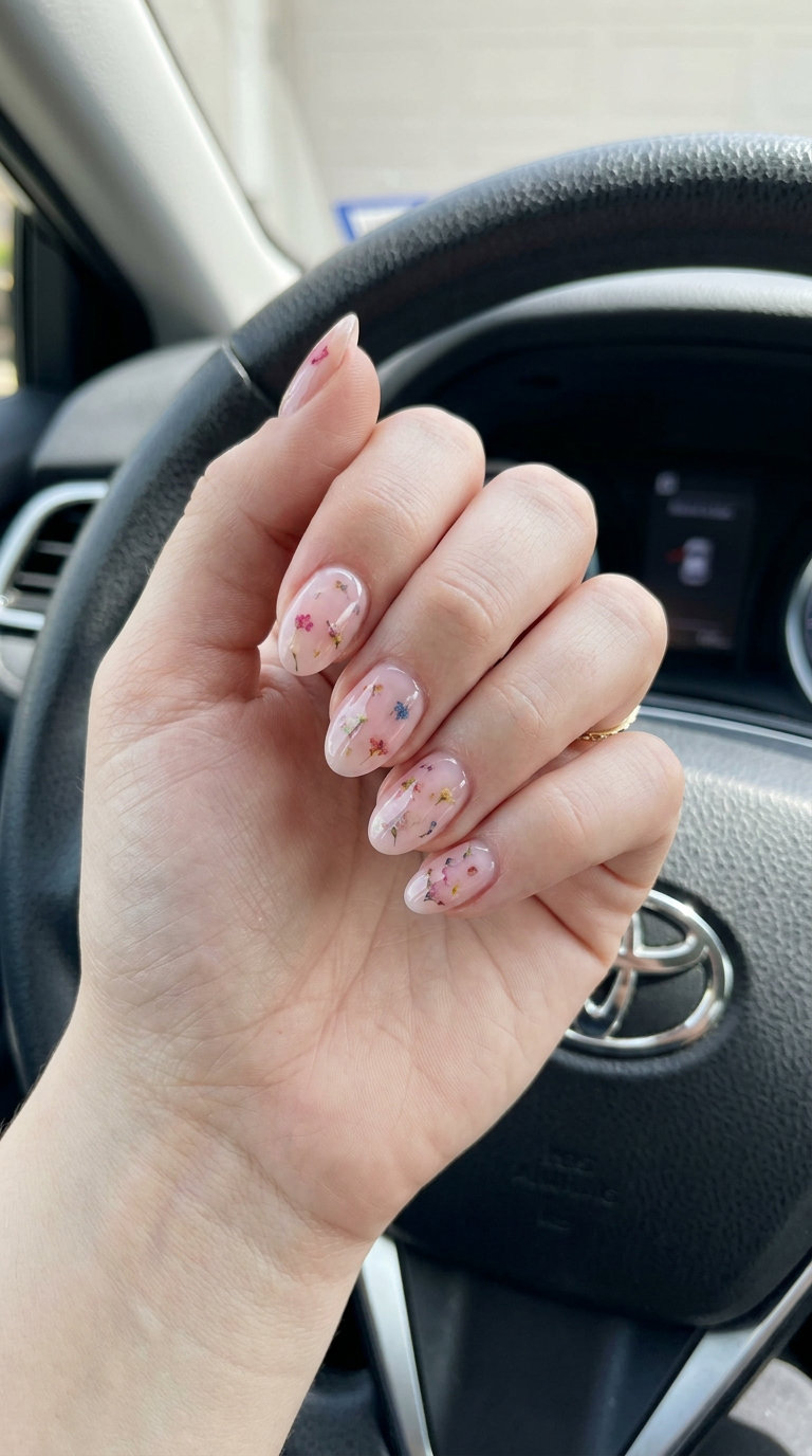 Sheer pink milk bath nails with encapsulated flowers for weddings and romantic dates. Cute summer nails 2026.