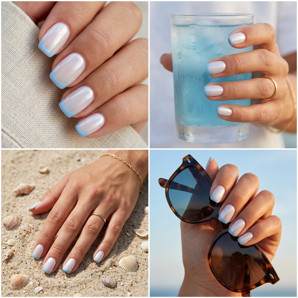 Cute summer nails 2026: Polished sky blue glazed French tips on short squoval nails for daily wear.
