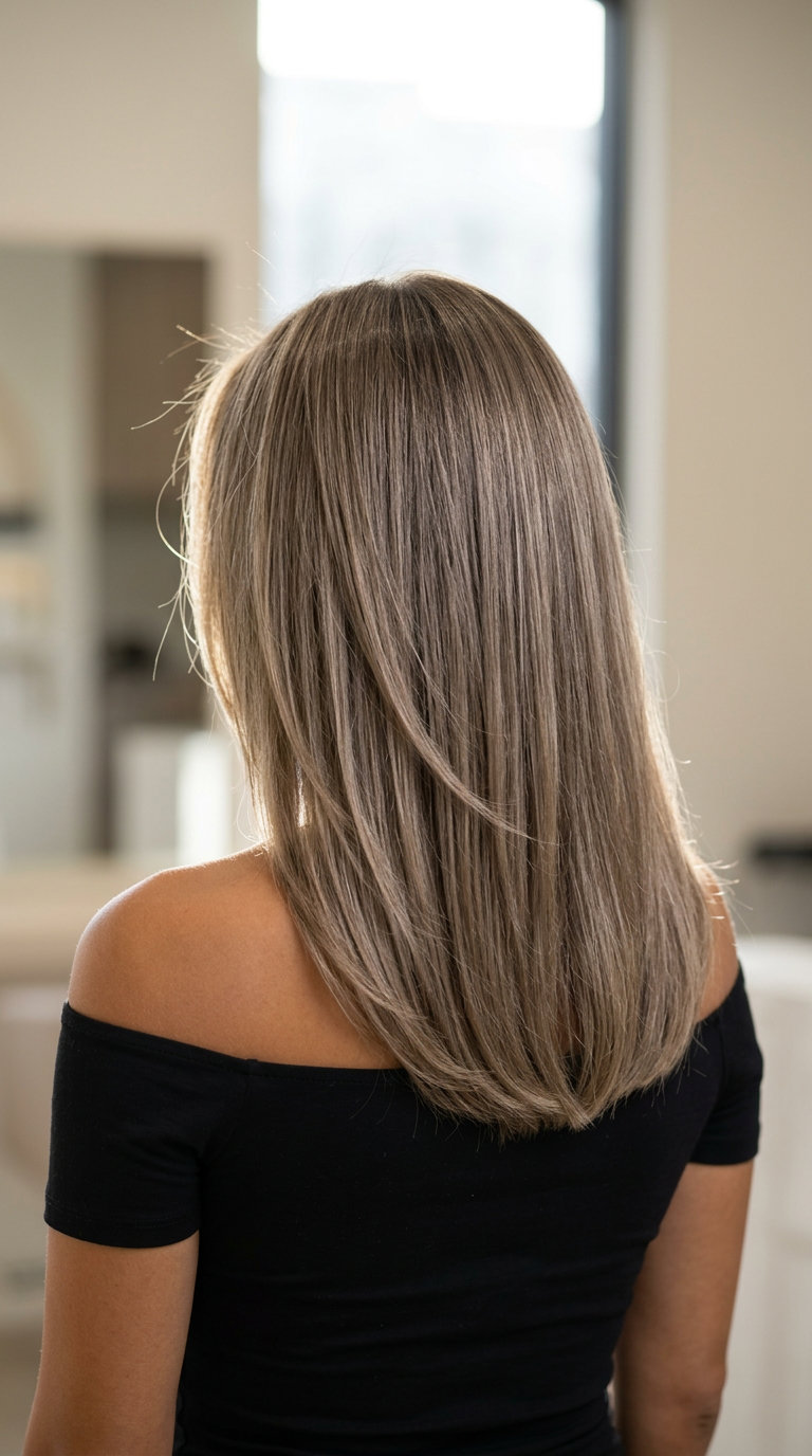 mid-length dark blonde U-cut haircut with ash undertones and Scandi hairline for professional polish