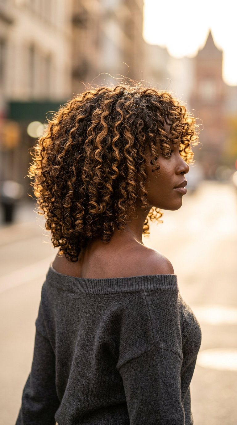 medium curly cut with dark brown, honey babylights and bottleneck bangs — bold and natural