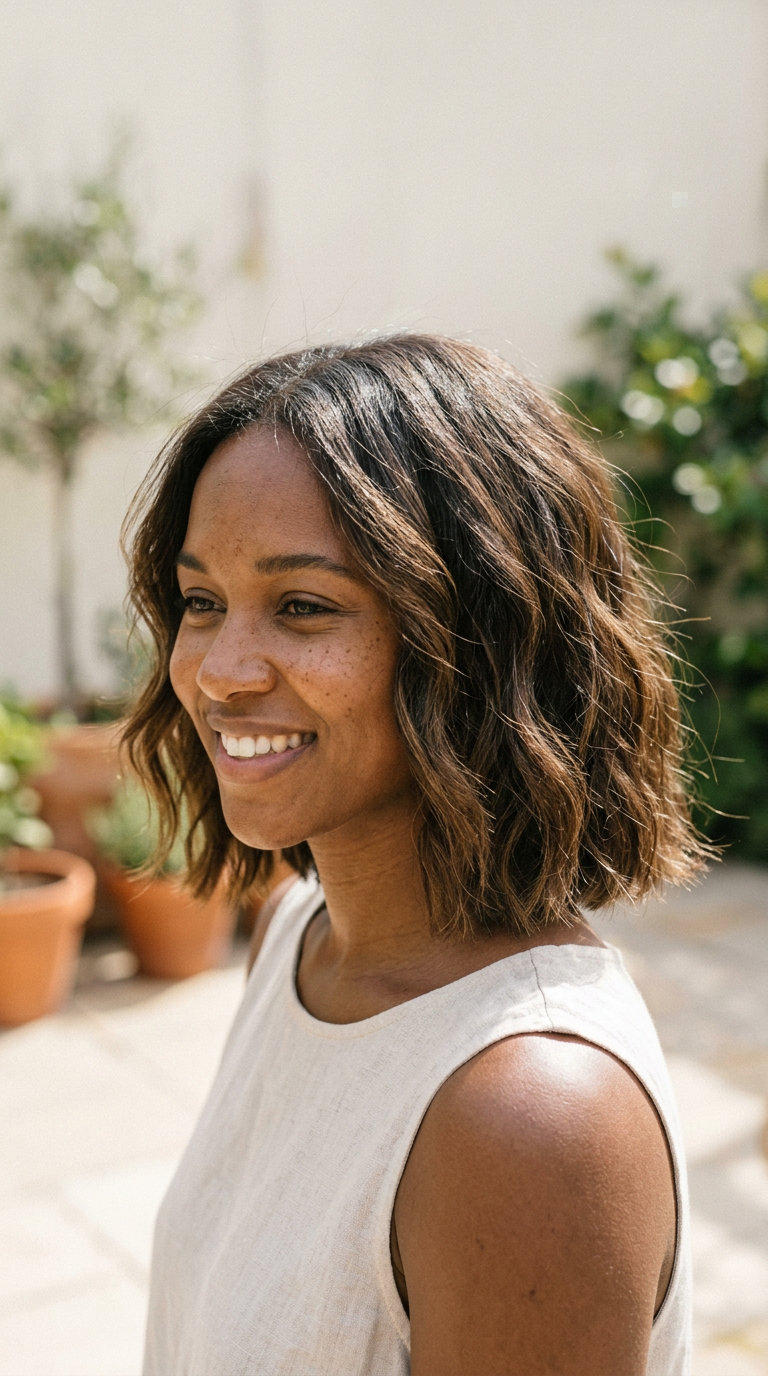 shoulder-length dark brown tousled waves with natural texture for summer 2026
