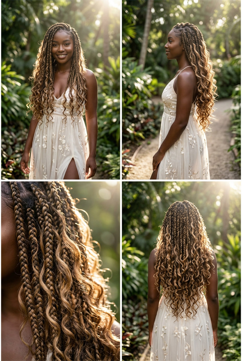 waist-length dark brown french curl braids with caramel highlights and bohemian curls for festival