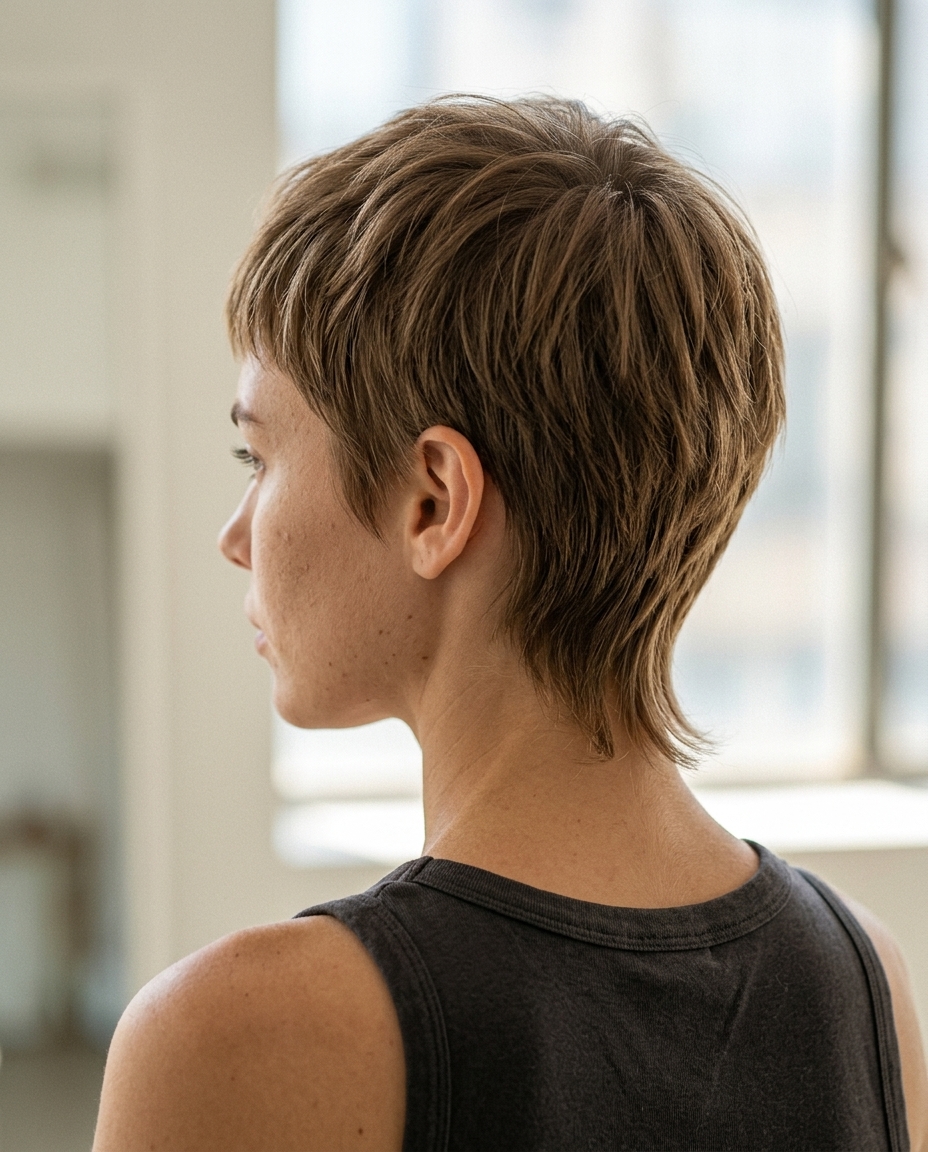 very short wolf cut in dark brunette with cool undertones, high gloss, and razored nape tail for edgy modern look