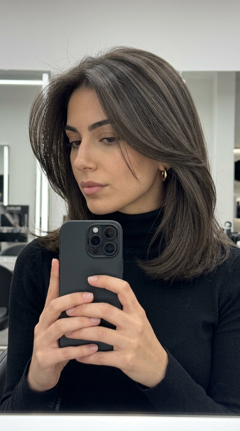 blunt bob brunette hair with deep ash brown color, cool espresso charcoal undertones for sleek professional look