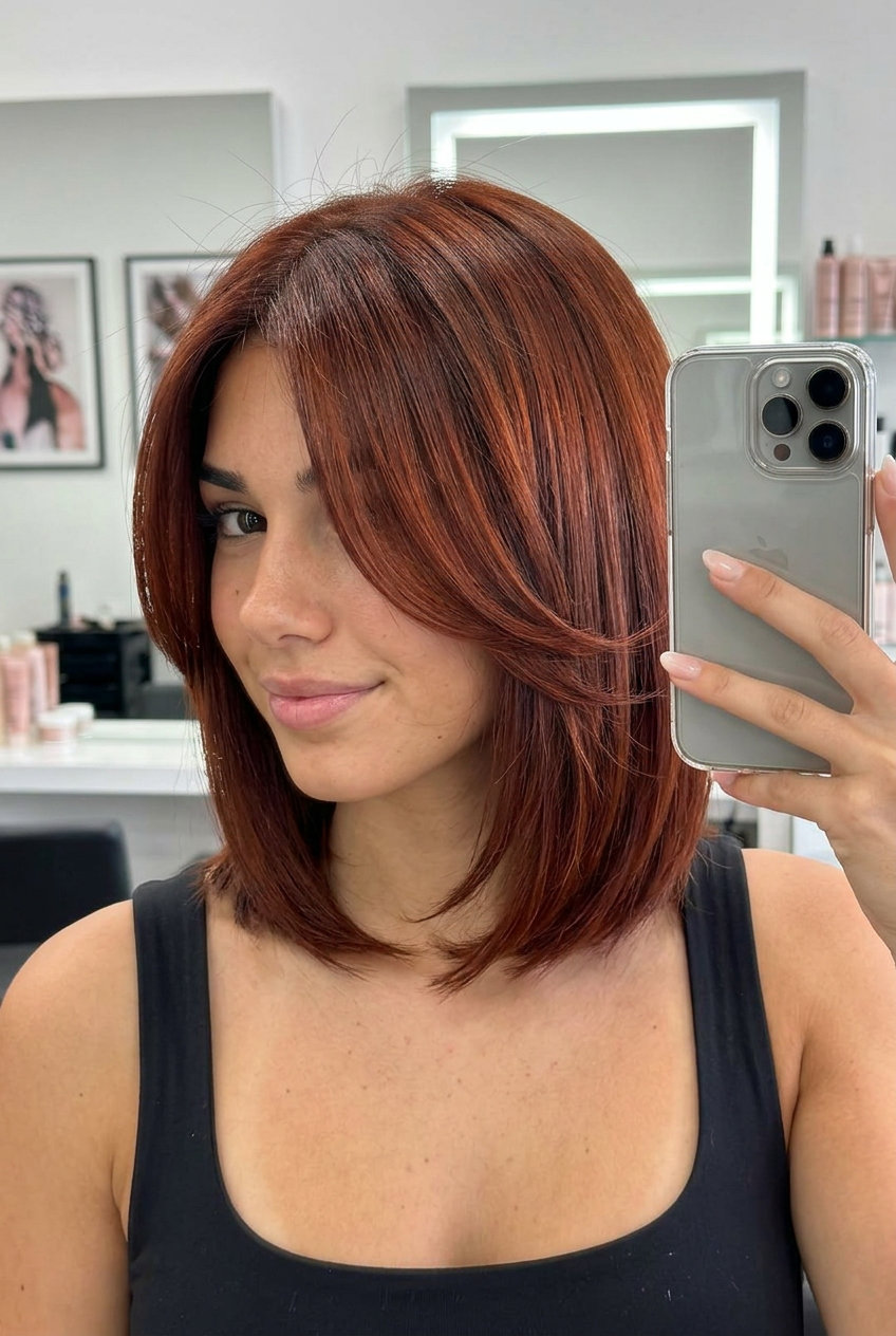 chin-length butterfly bob in deep auburn with copper undertones, structured face-framing, sophisticated meeting