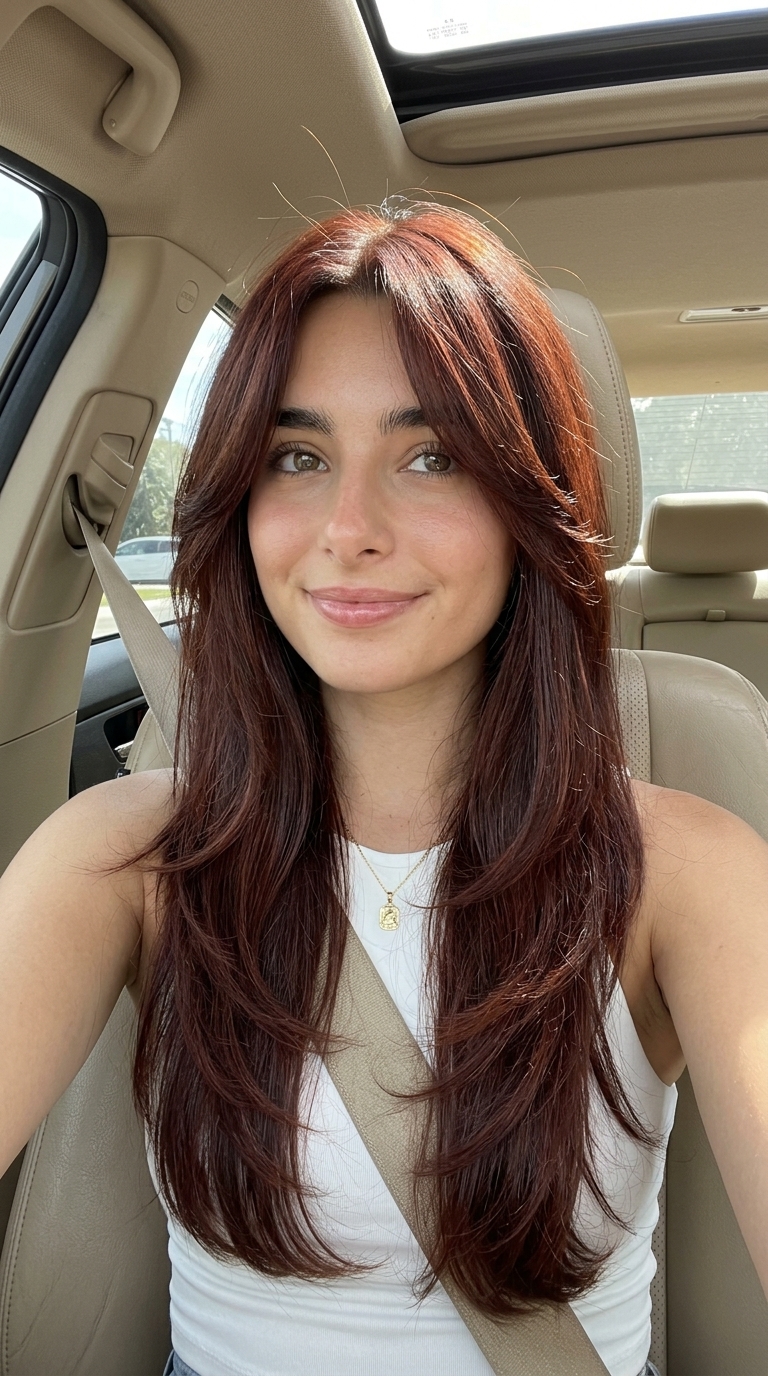 long layered deep auburn haircut with mahogany undertones and side-swept fringe for elegant evenings