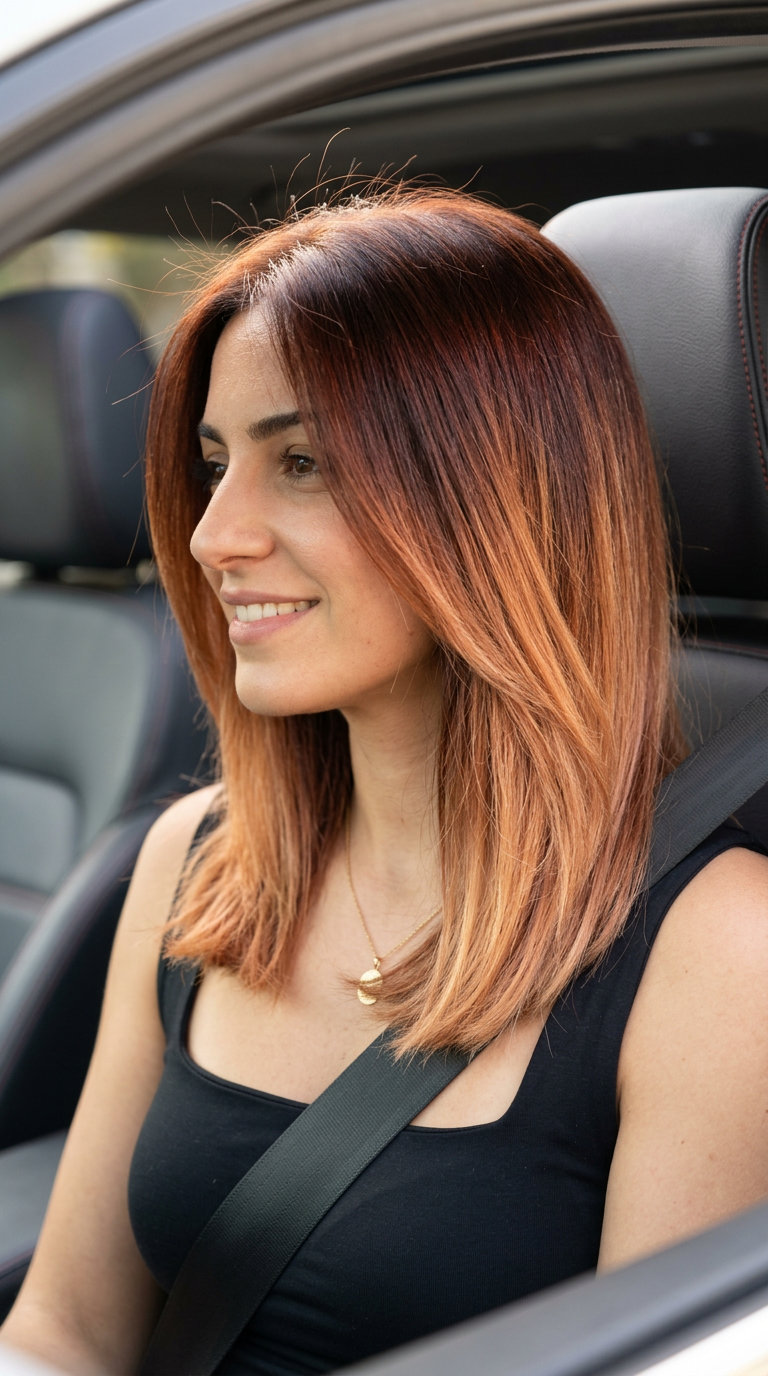 Strawberry Blonde Reverse Melt: Modern Auburn 2026 long layered deep auburn to strawberry blonde reverse melt for modern effortless look