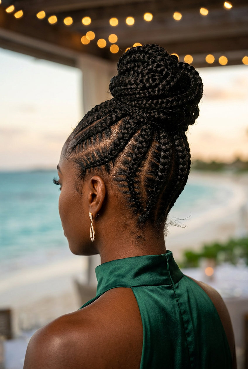 long braided updo hairstyle with deep black color, precise cornrow technique, sculpted bun — bold formal event