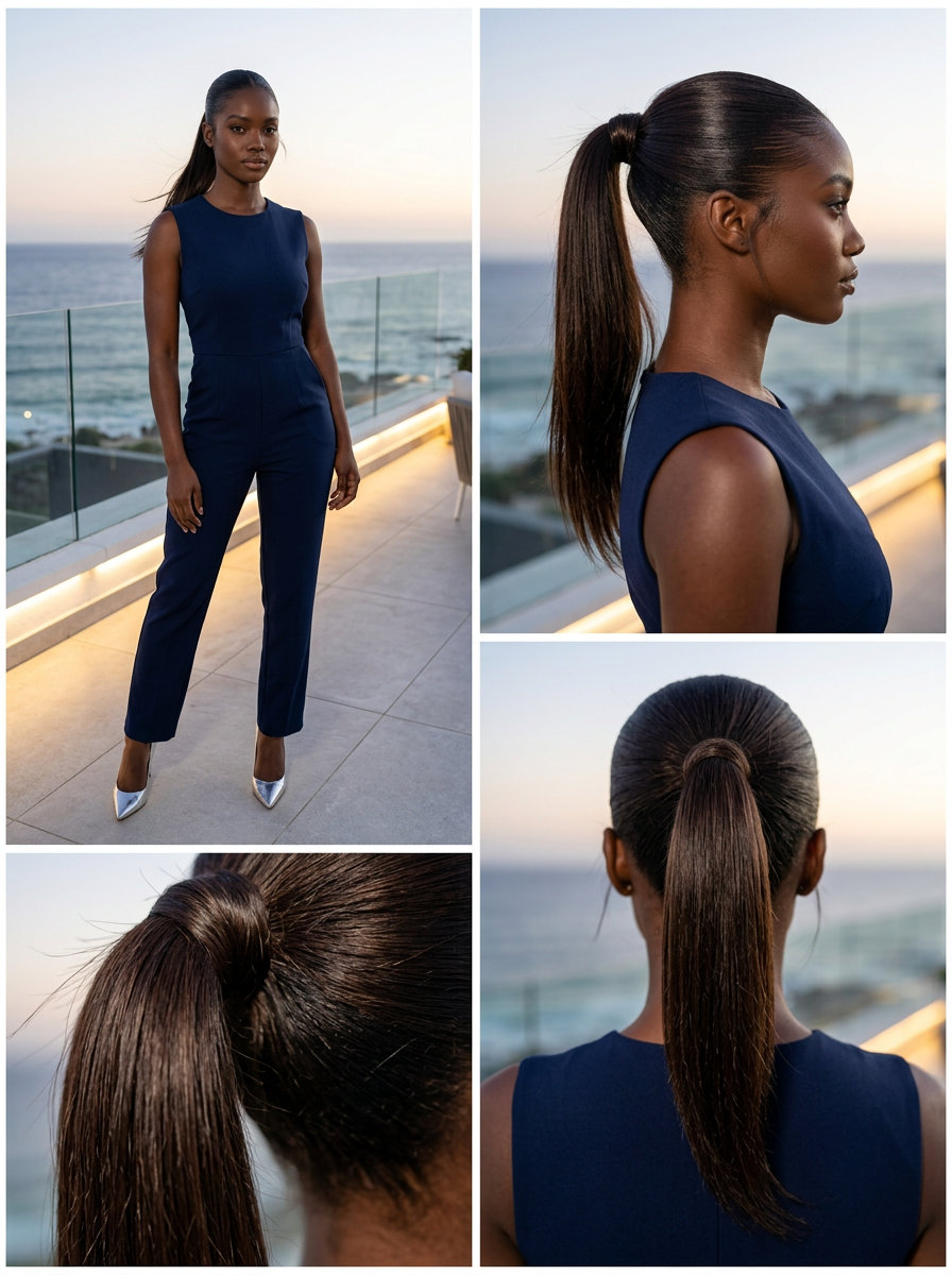 long deep black sleek high ponytail with gloss finish for professional look
