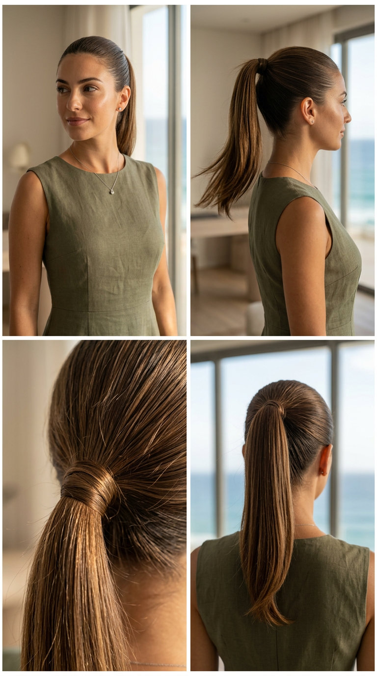 long deep brunette sleek ponytail with glossy black for wedding guest