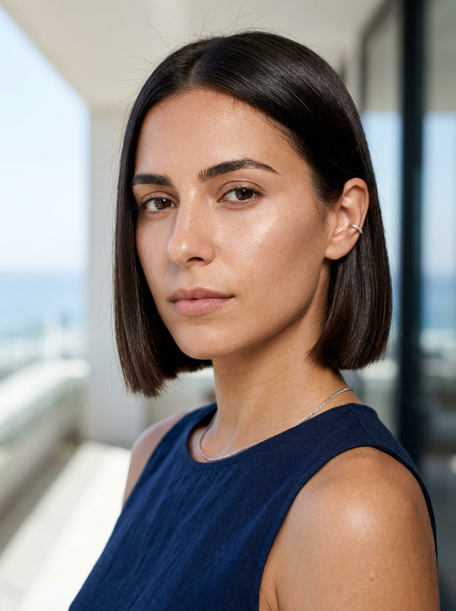 short blunt box bob in deep natural brunette with high-gloss finish for date night