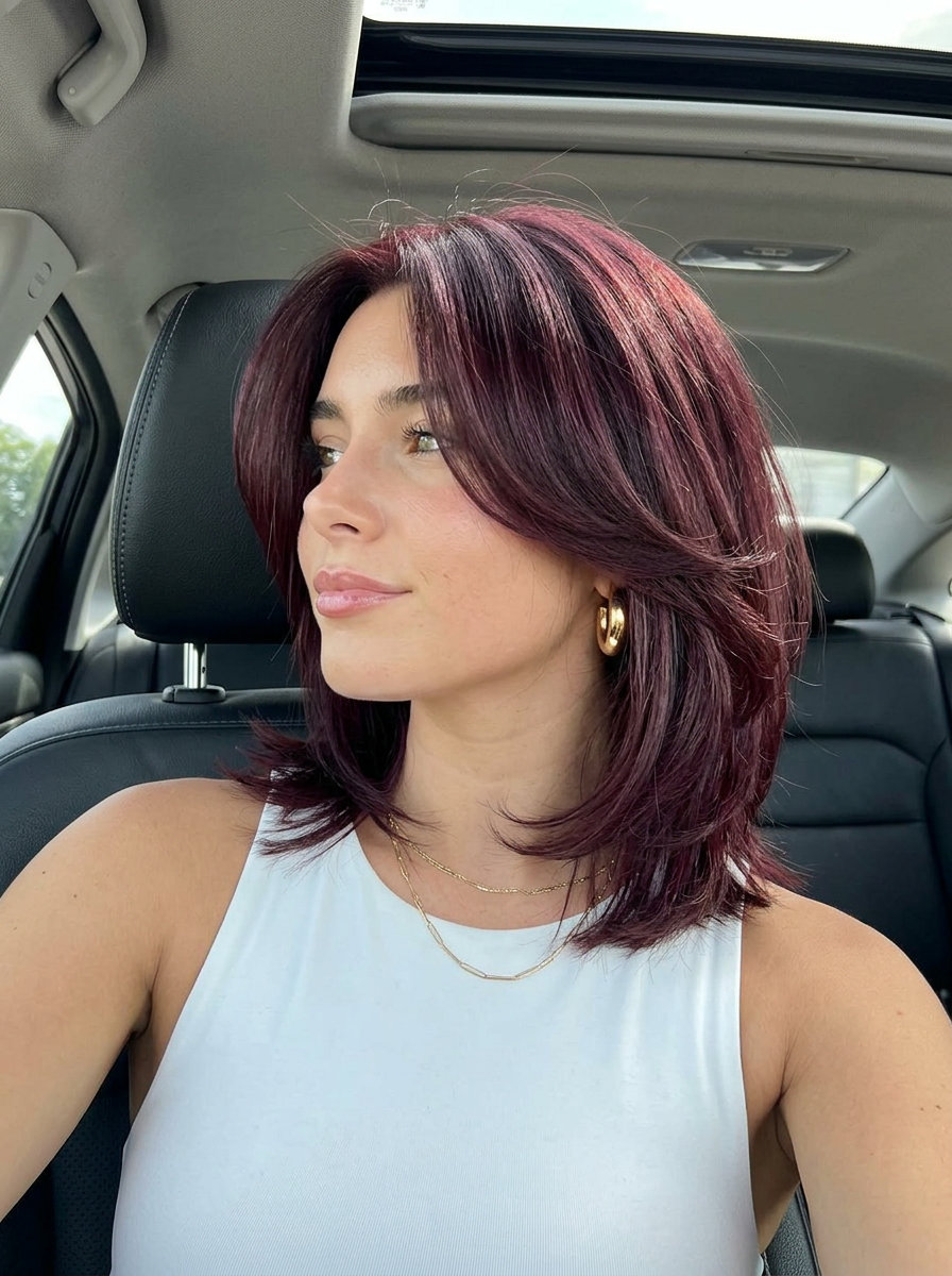 collarbone butterfly lob in deep burgundy with plum undertones, textured layers, sophisticated event