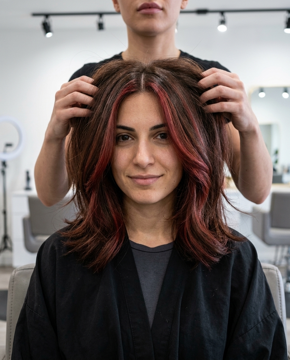 long deep chocolate brown with cherry red undertones, internal balayage — playful summer festival
