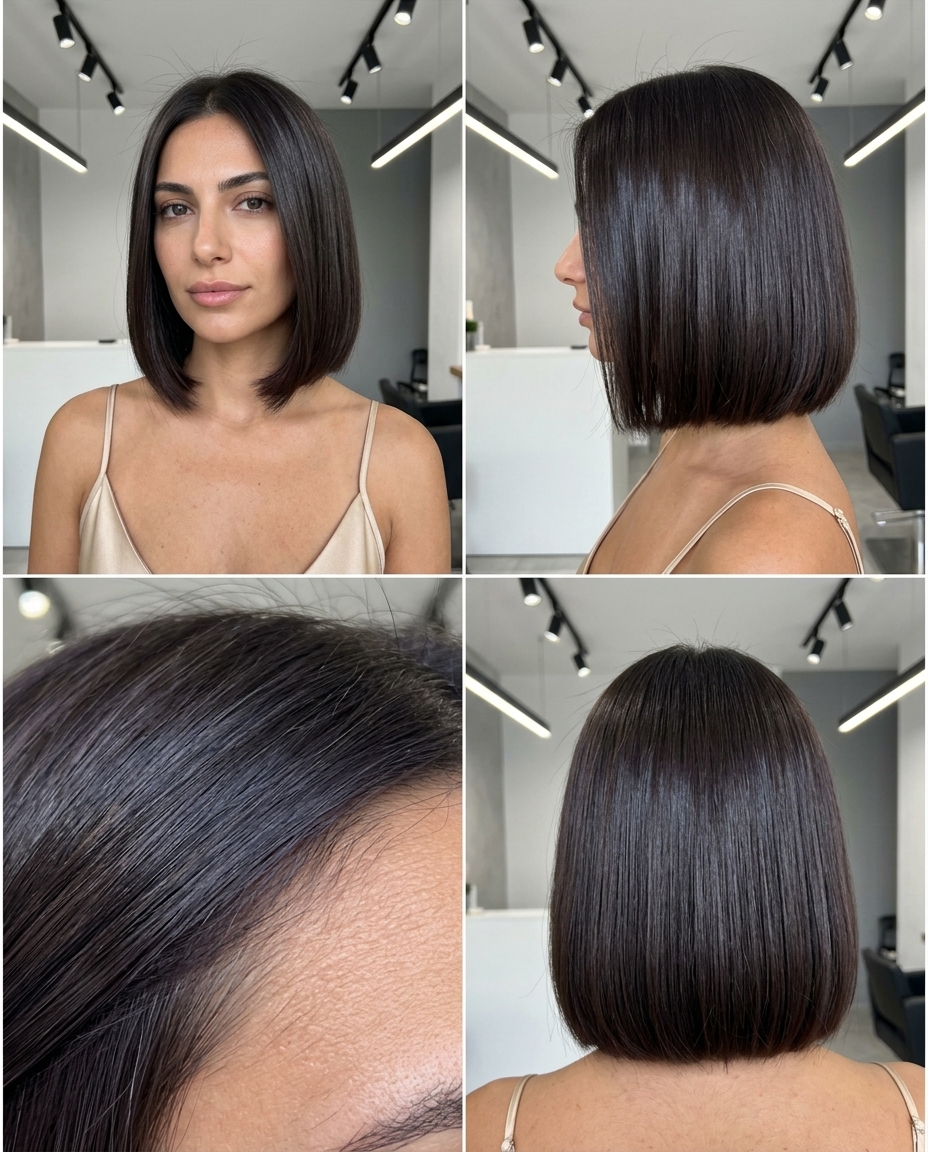 long deep cool espresso brunette with single process color, high-gloss finish — sophisticated evening gala