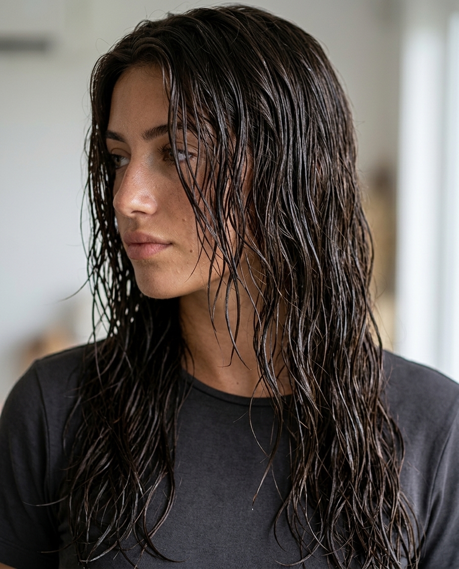 long layered wavy haircut in deep espresso brunette with cool undertones for summer