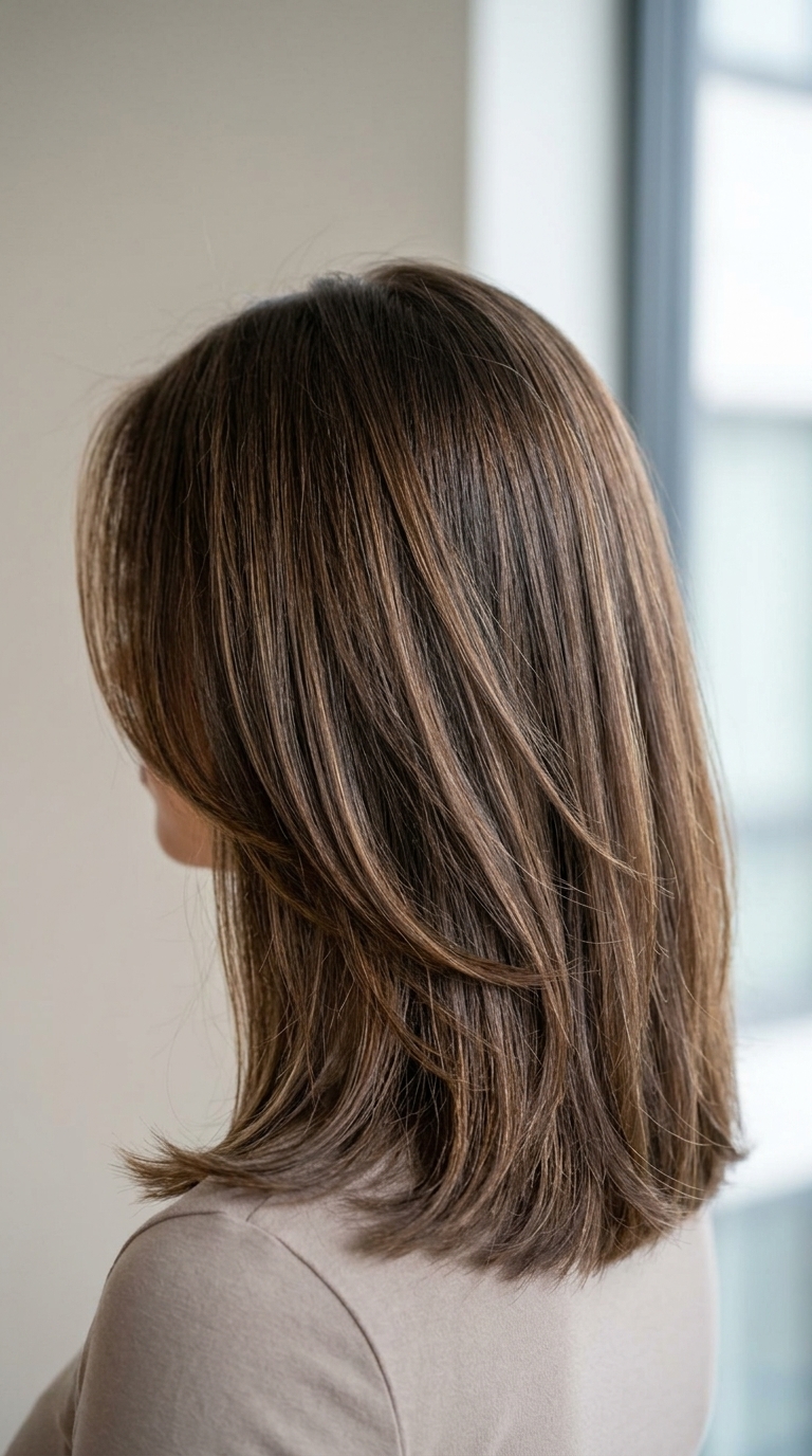 collarbone-length shag haircut in deep espresso with ash undertones and face-framing sweep