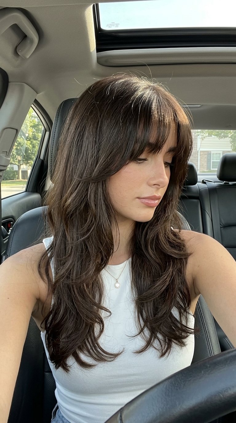long layered wavy haircut in deep espresso with Birkin bangs for summer