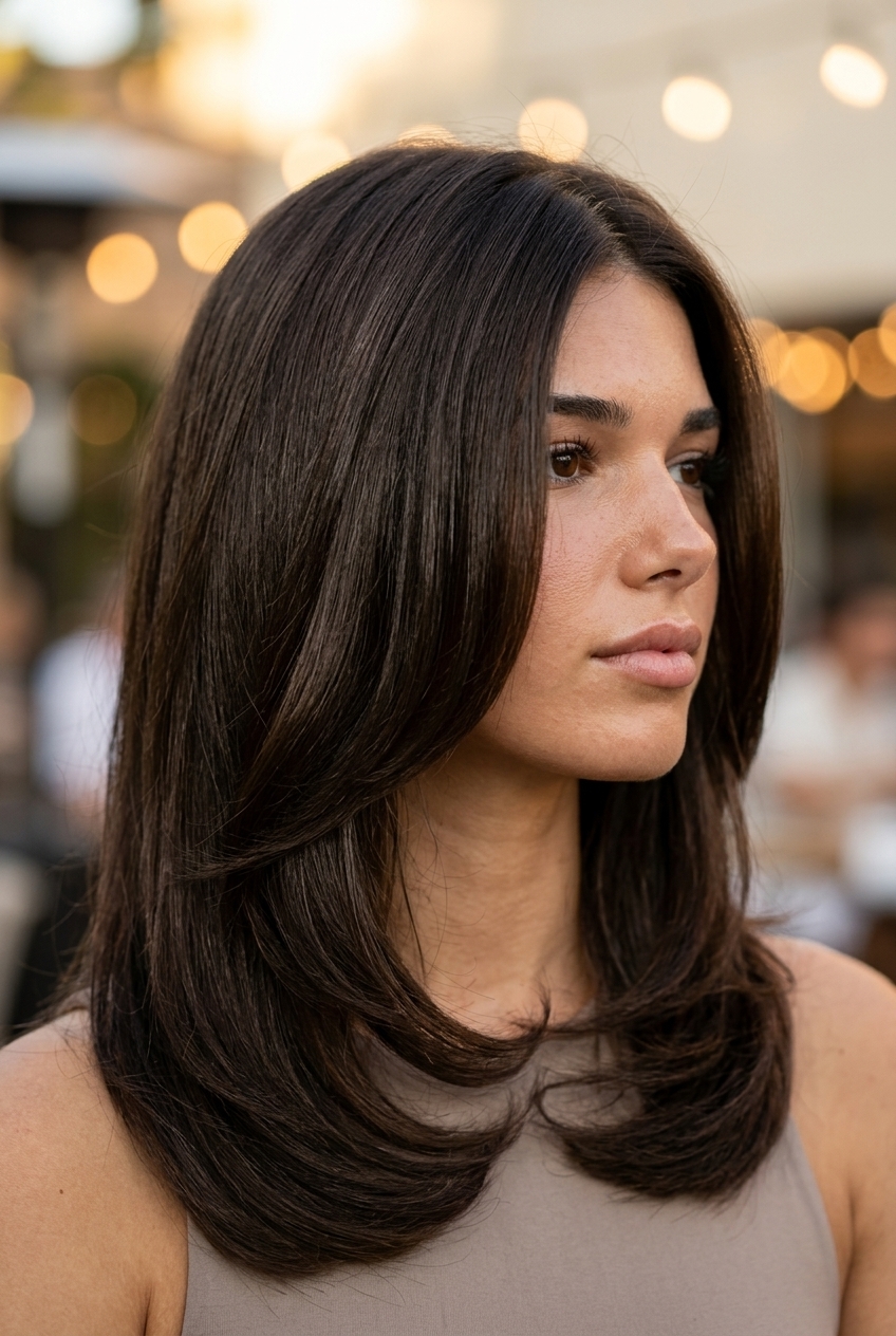 long U-cut waves with deep espresso, internal layers, no bangs — glamorous dark brunette