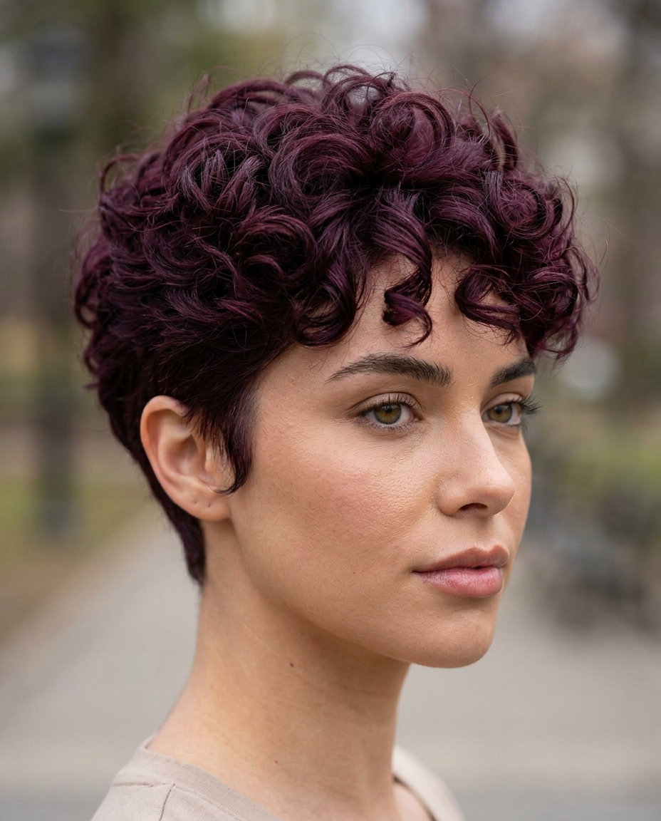 Plum Curly Pixie Haircut 2026 very short curly pixie haircut in deep plum with violet undertones & clipper-tapered sides for boldness