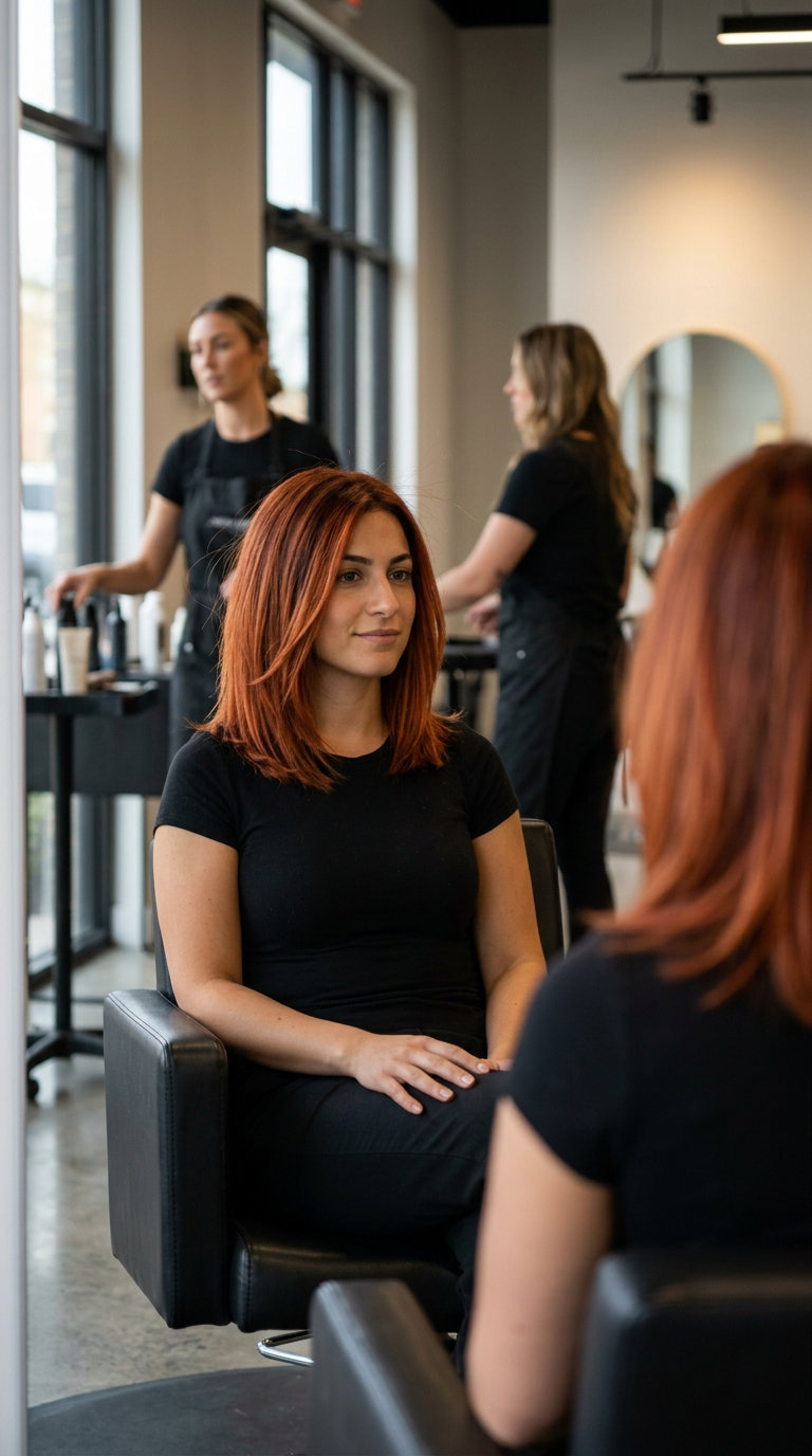 long textured layered hair with deep copper, vibrant copper, Air Touch balayage — bold fiery dimension