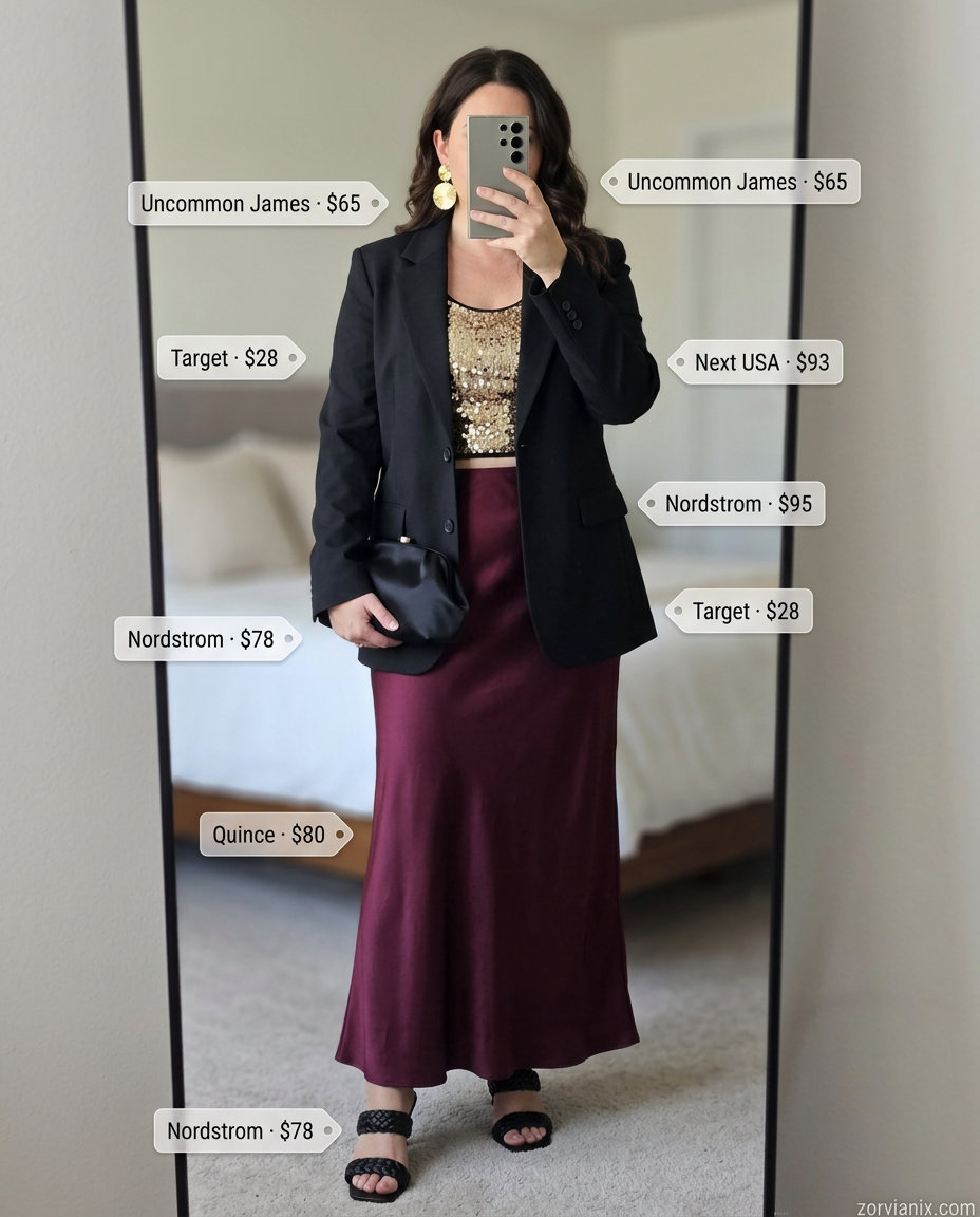 Summer Maxi Skirt and Sneakers Outfits 2026: Burgundy maxi skirt, sequin top, blazer, and heeled sandals (not sneakers).