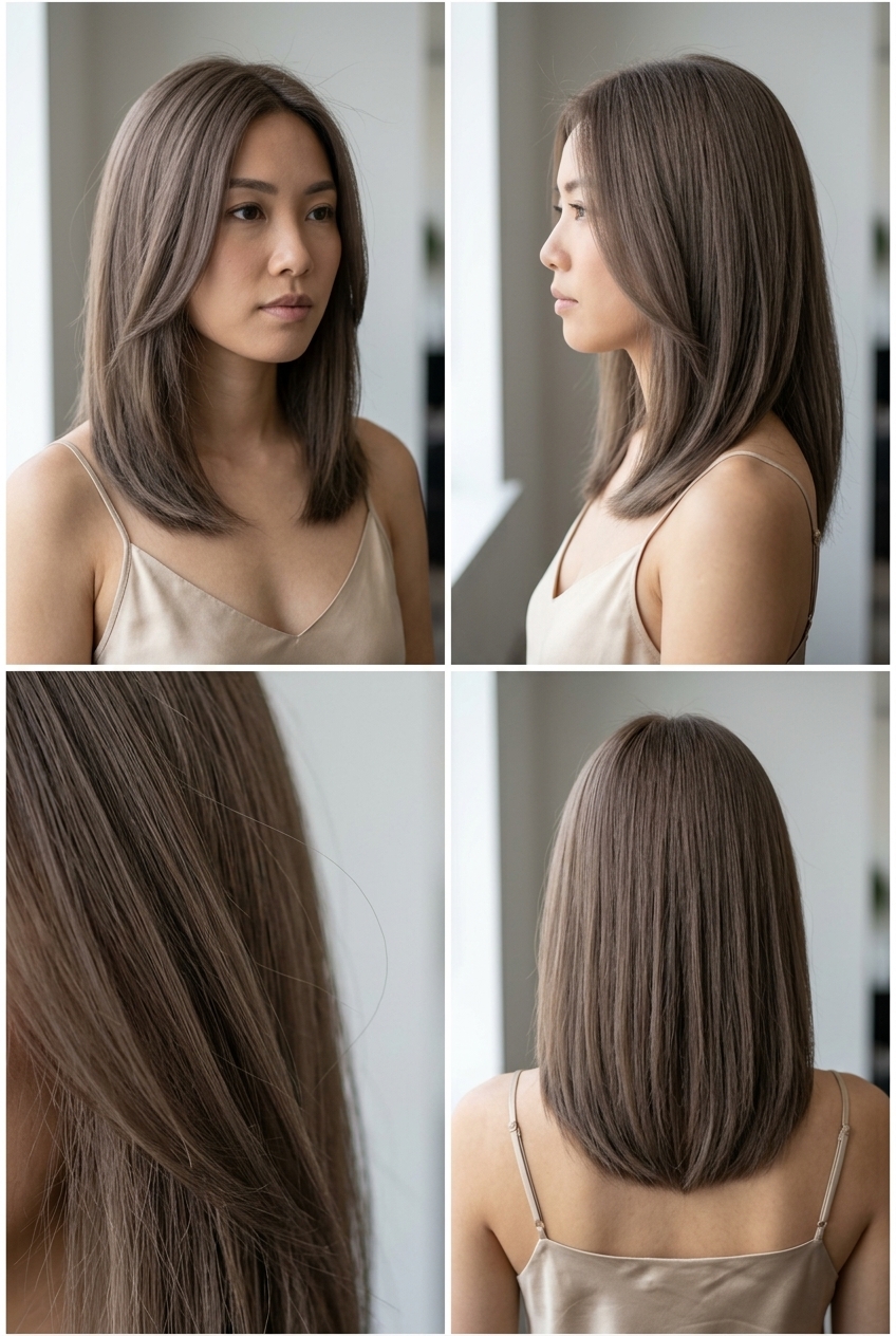 Muted Mushroom Brown Hair 2026: Matte Finish long uniform dusty mushroom brown haircut with matte finish, single process, no fringe — minimalist modern
