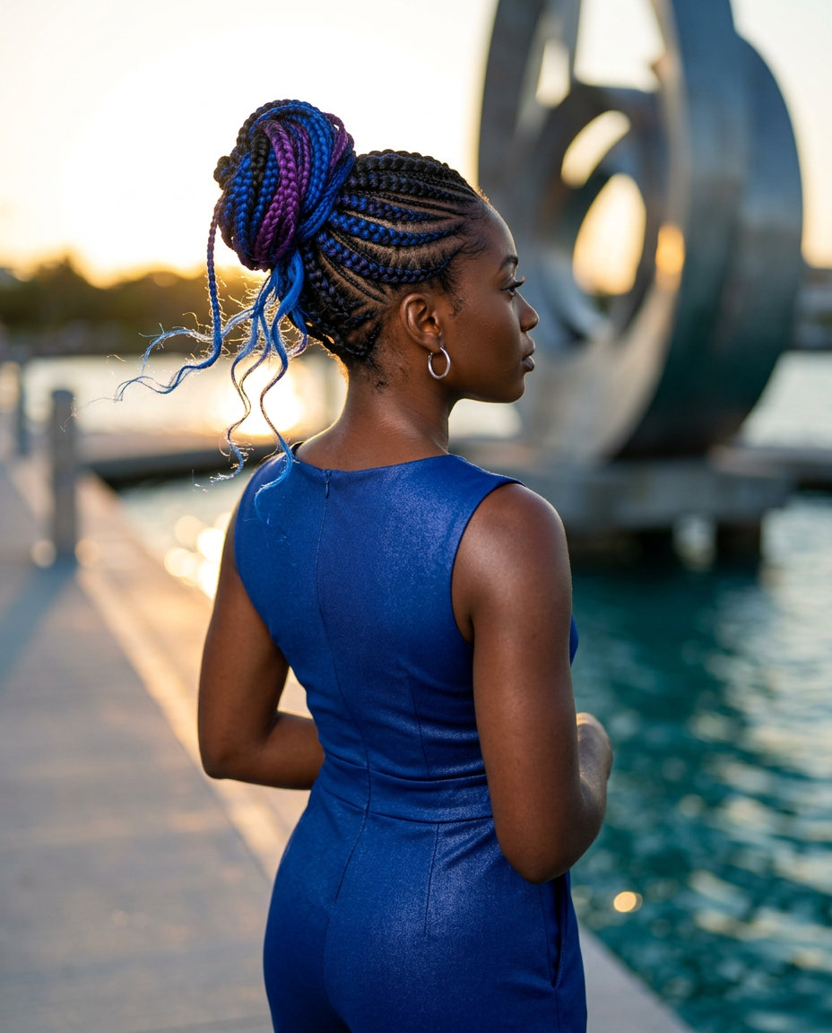 Electric blue stitch braid updo hairstyle with asymmetrical part for summer 2026