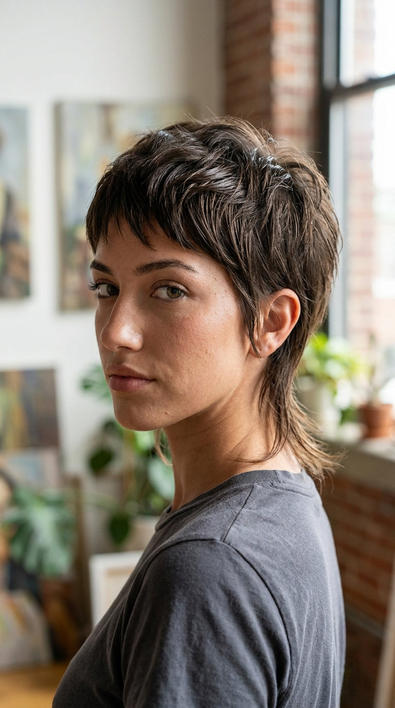 very short pixie haircut with electric blue, deep indigo root & violet accents, shattered texture, edgy mood