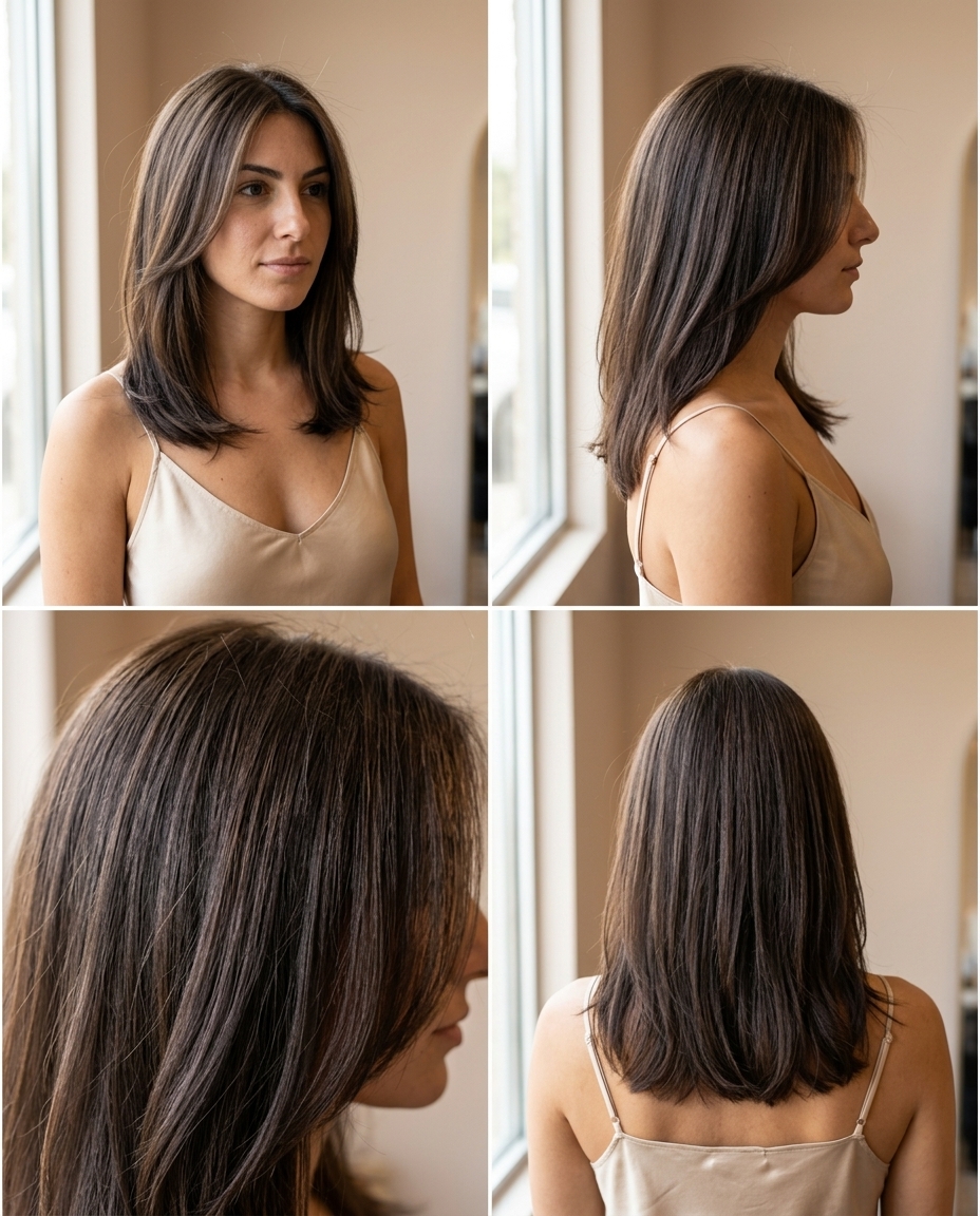 long espresso bean haircut with cool espresso ends, natural brown root, reverse balayage, for soft sophisticated styles