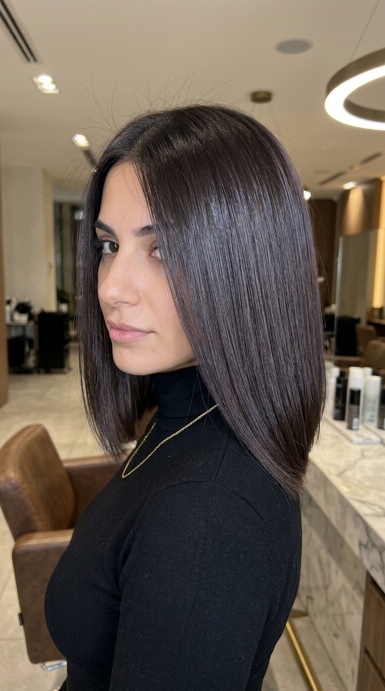long bob hair color with deep espresso brown, blue-violet undertones, and high-shine for sophisticated