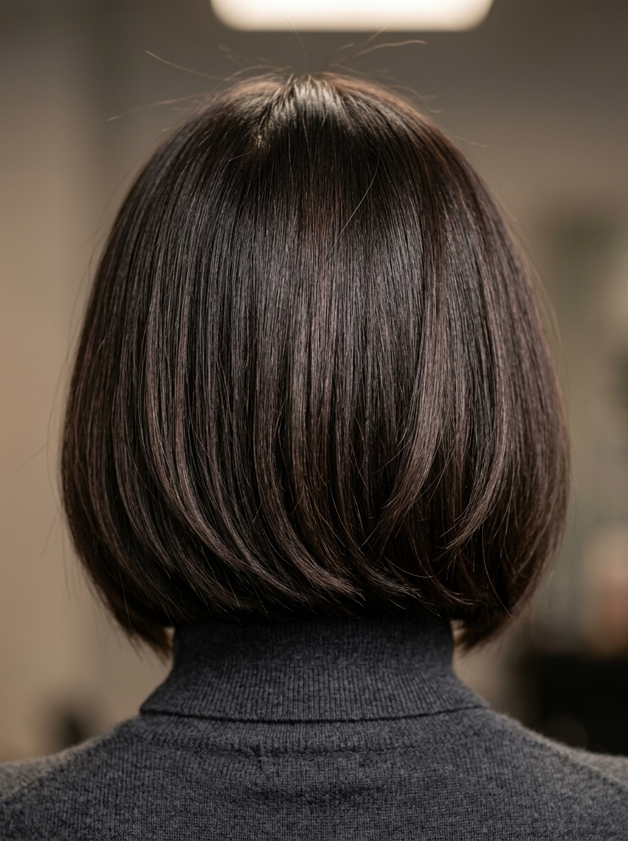 chin-length bob haircut with deep espresso gloss, mocha undertones, blunt perimeter, internal texturizing — sophisticated professional look