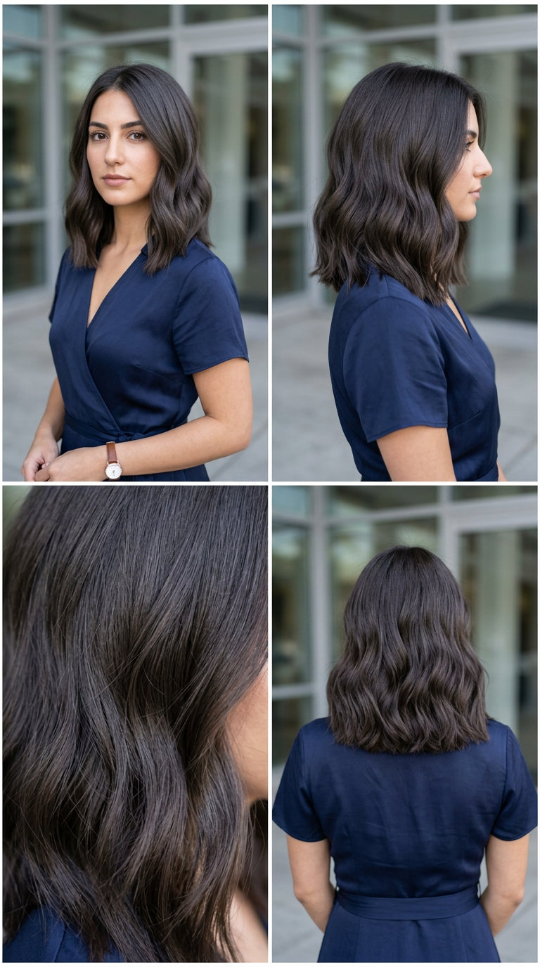 collarbone wavy hairstyle with espresso brunette, cool undertones and blunt cut for daily wear