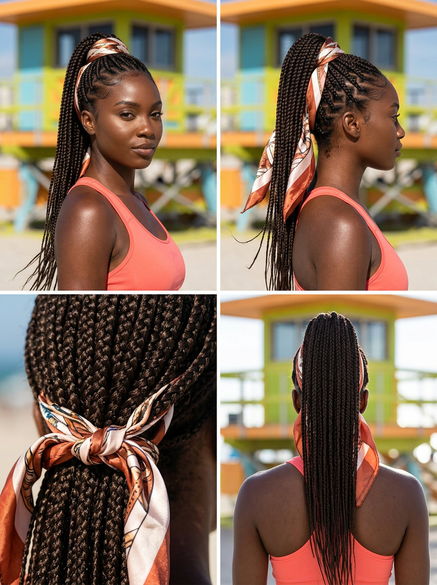 long braided ponytail hairstyle with espresso brunette color, high ponytail technique, scarf accent — chic daily wear
