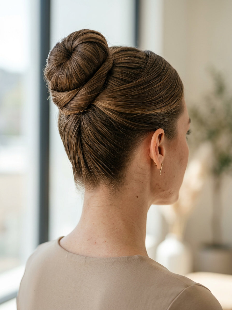 long espresso brunette high bun with twisted sections, sleek finish, no fringe — modern wedding guest