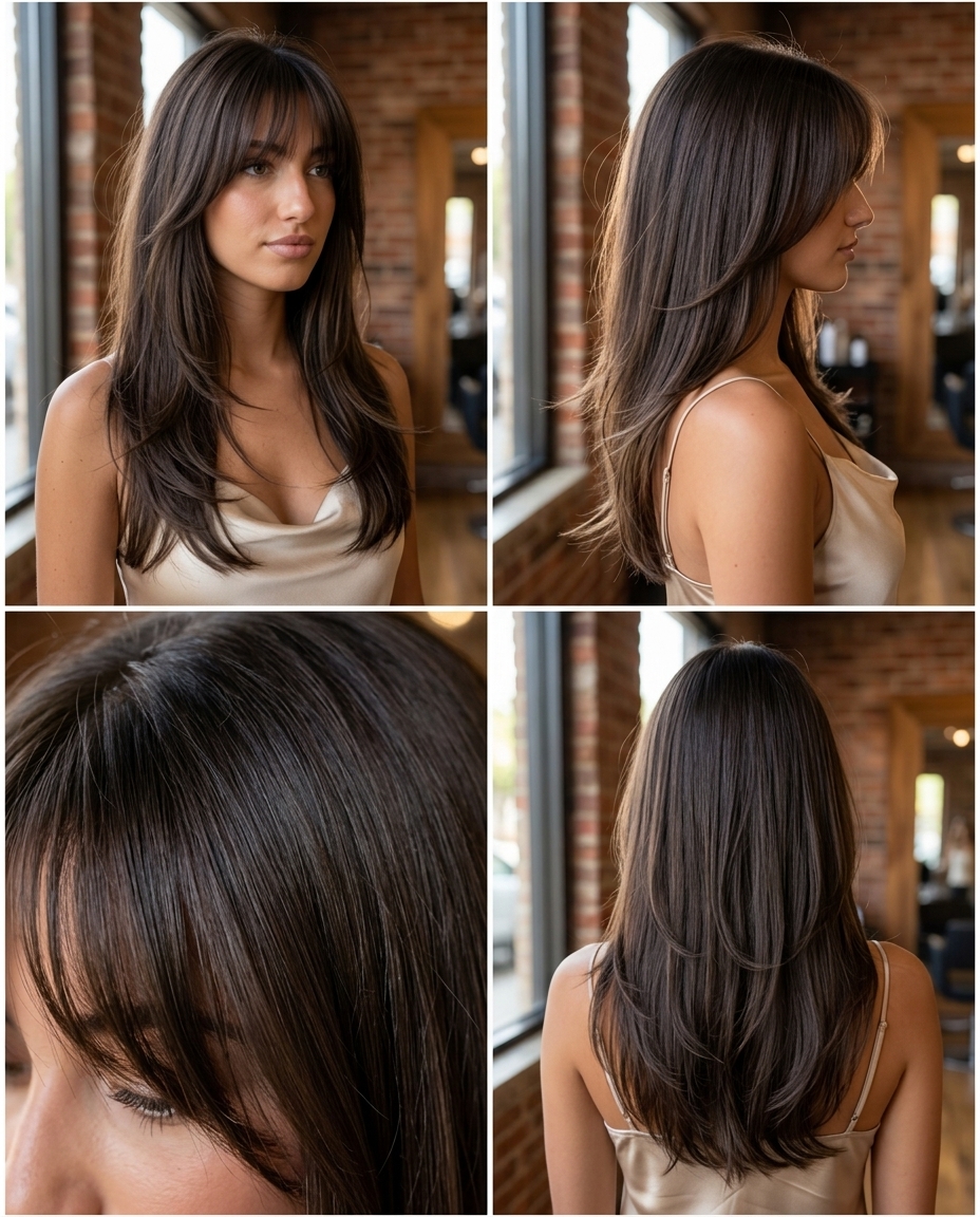long layered cut with espresso brunette, Birkin fringe and point-cut ends — elegant and sophisticated