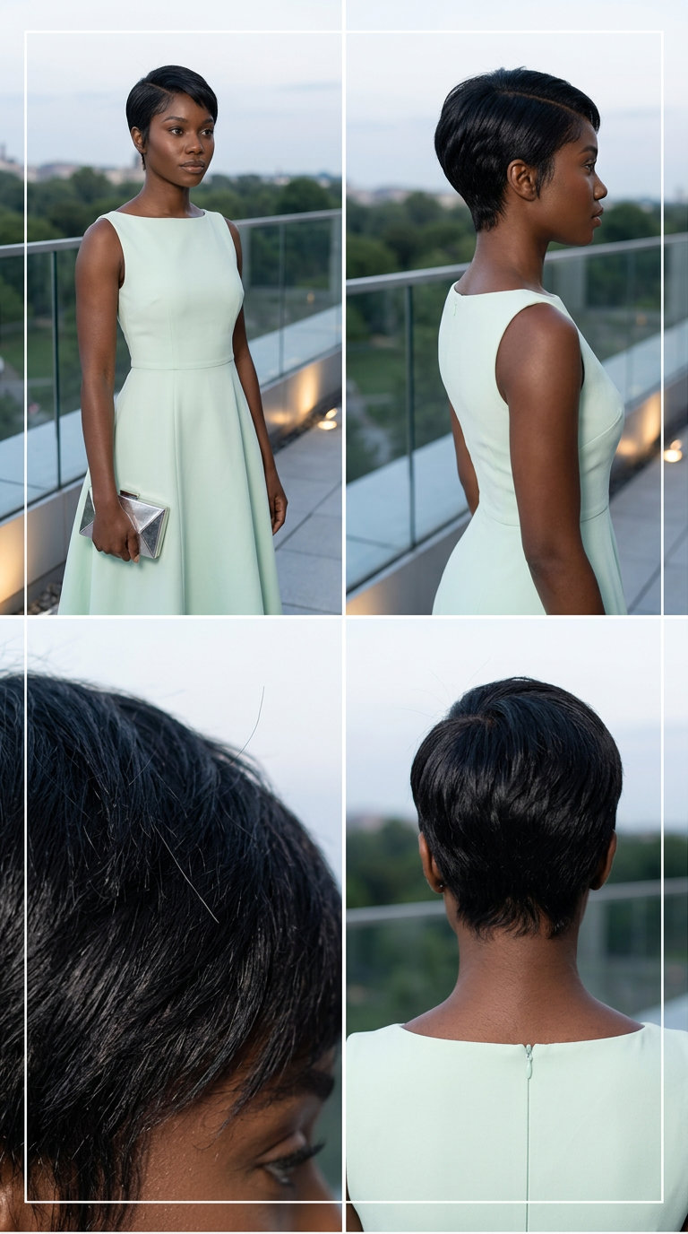 long espresso brunette low bun with silk scarf wrap, sleek finish, no fringe — chic wedding guest