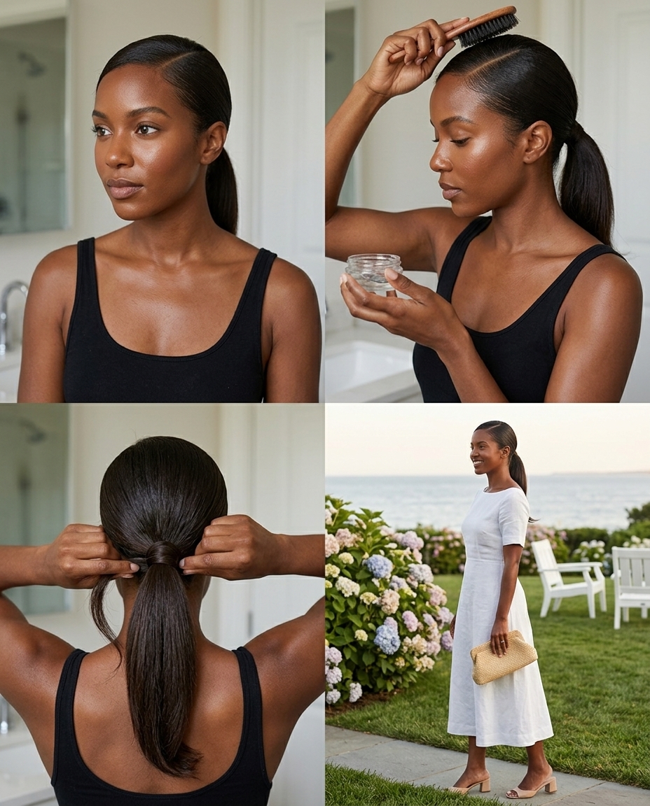 long sleek low ponytail with deep side part in espresso brunette for elegant summer