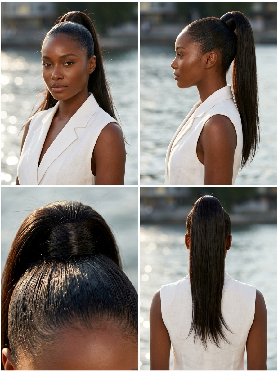 long sleek high ponytail with espresso brunette gloss, professional confident mood for summer 2026