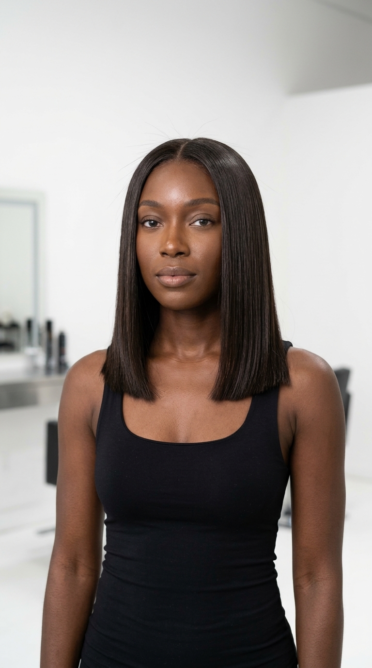 medium blunt lob in deep espresso brunette with cool undertones, laser-cut finish