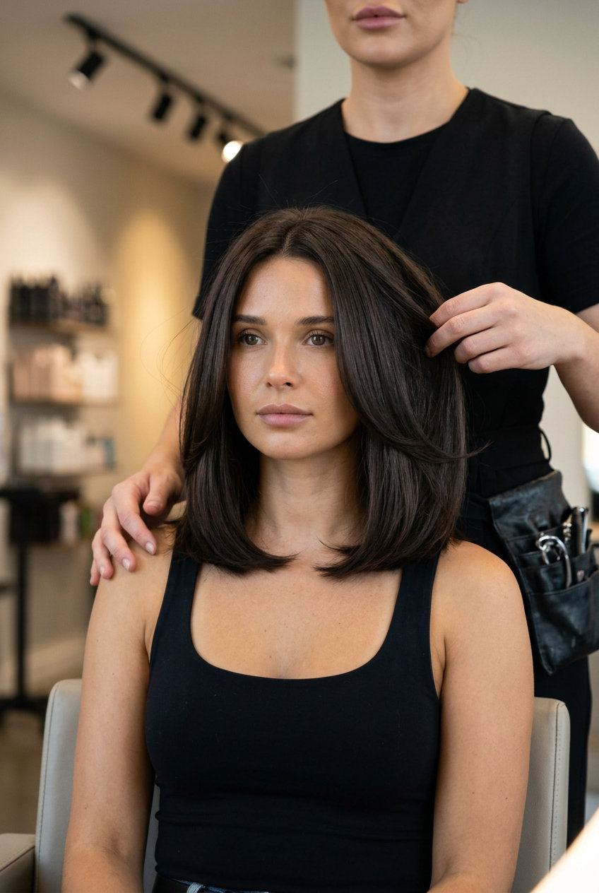 medium deep espresso brunette lob with blunt ends and high-gloss finish for office