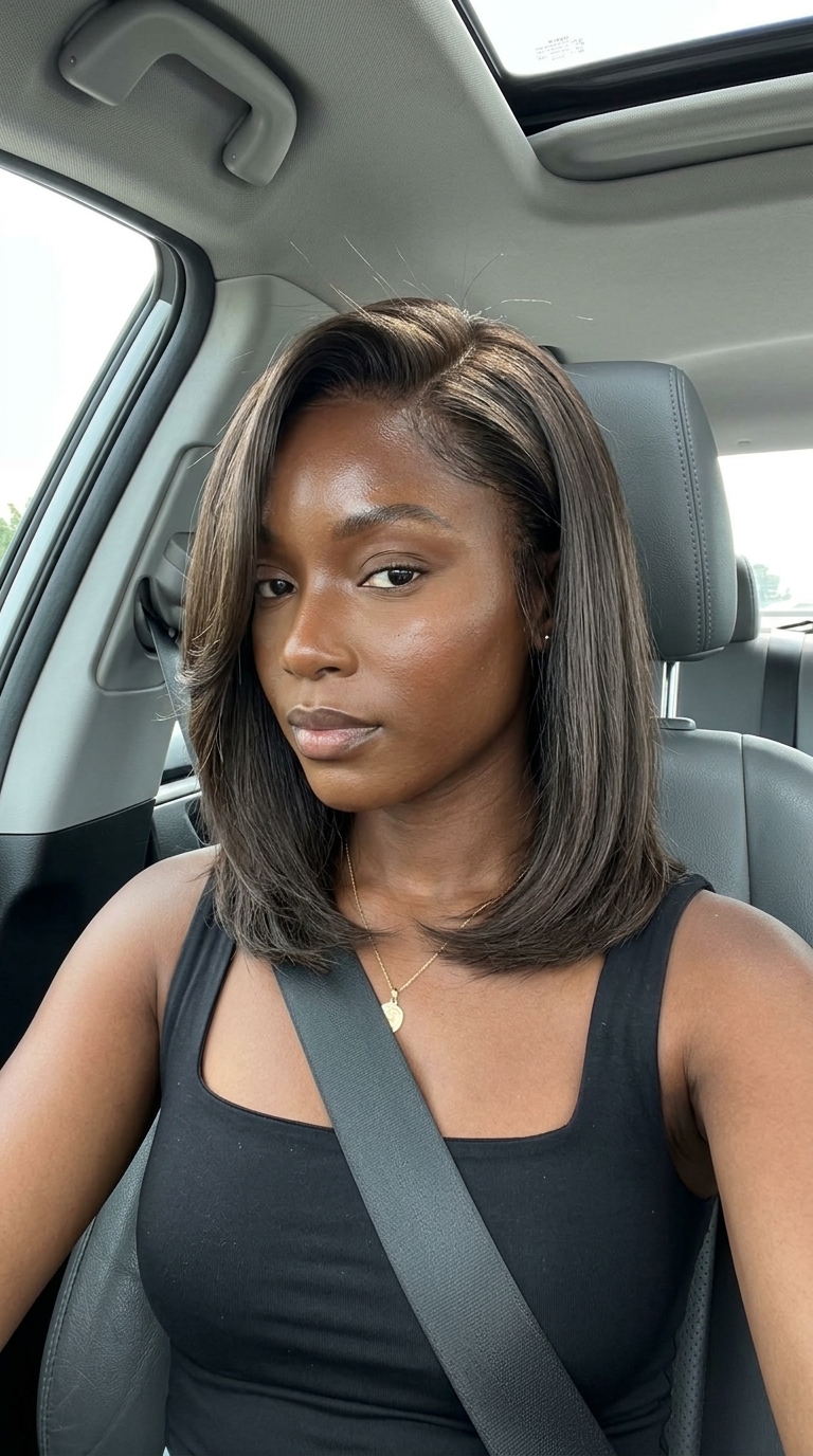 medium haircut with deep espresso brunette and clear gloss for summer
